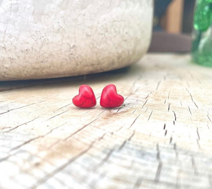 Handmade Magnesite Heart Stud Earrings Red .925 Sterling Silver